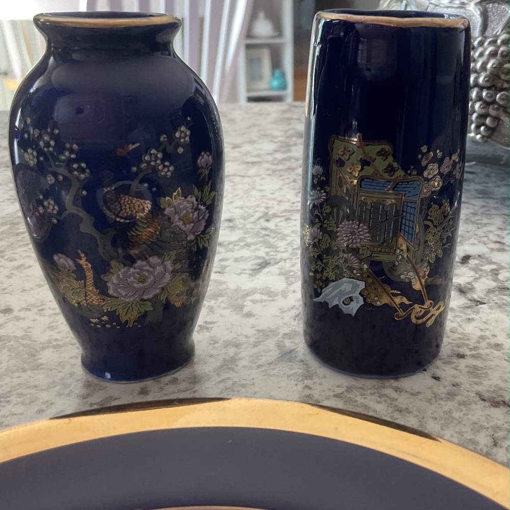Authentic Japanese Chokin Art Cobalt Blue 24 Kt Gold Enlay - Picture 2 of 16